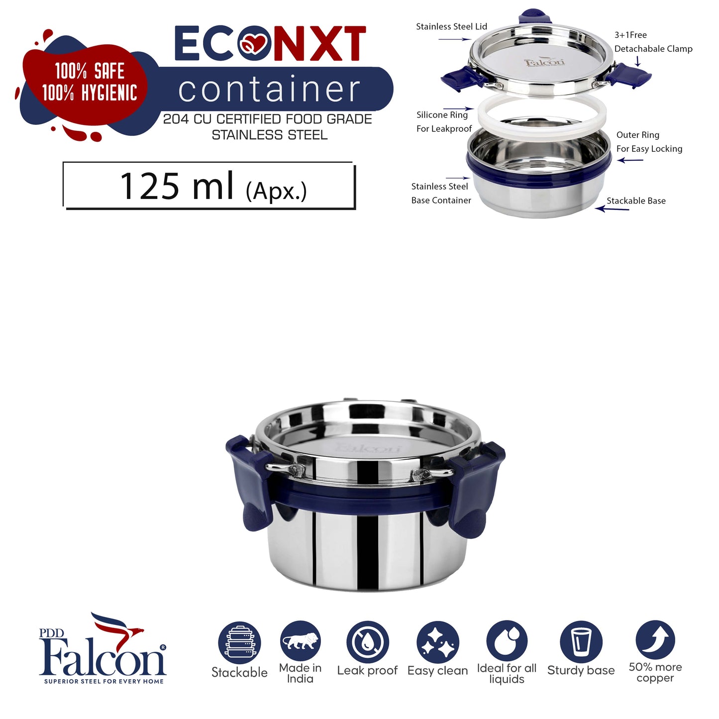125ml PddFalcon Stainless Steel Eco Nxt Lunch Box Container - 100% leakproof, stackable, crack and rust free, easy lock with silicon ring