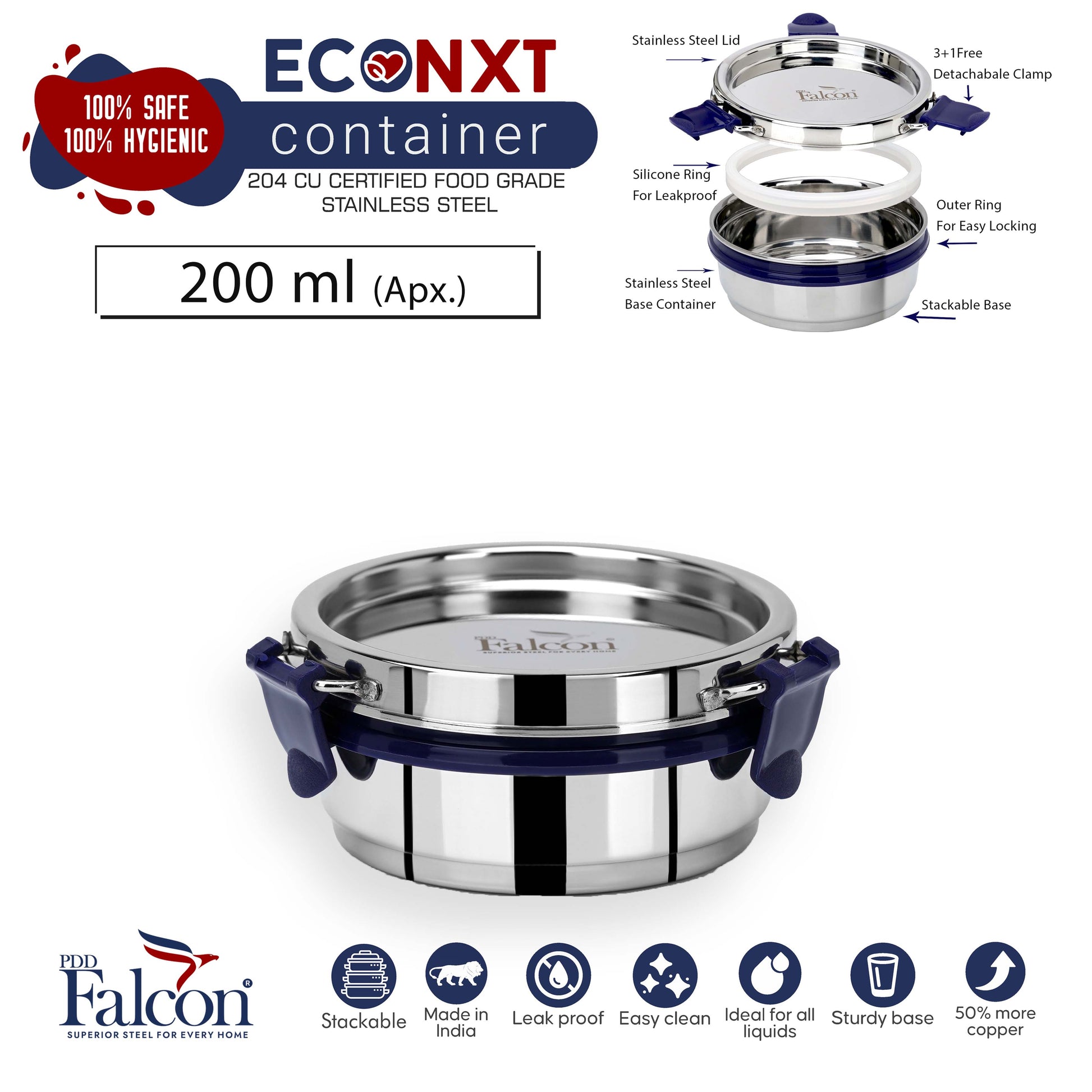 200ml PddFalcon Stainless Steel Eco Nxt Lunch Box Container - 100% leakproof, stackable, crack and rust free, easy lock with silicon ring