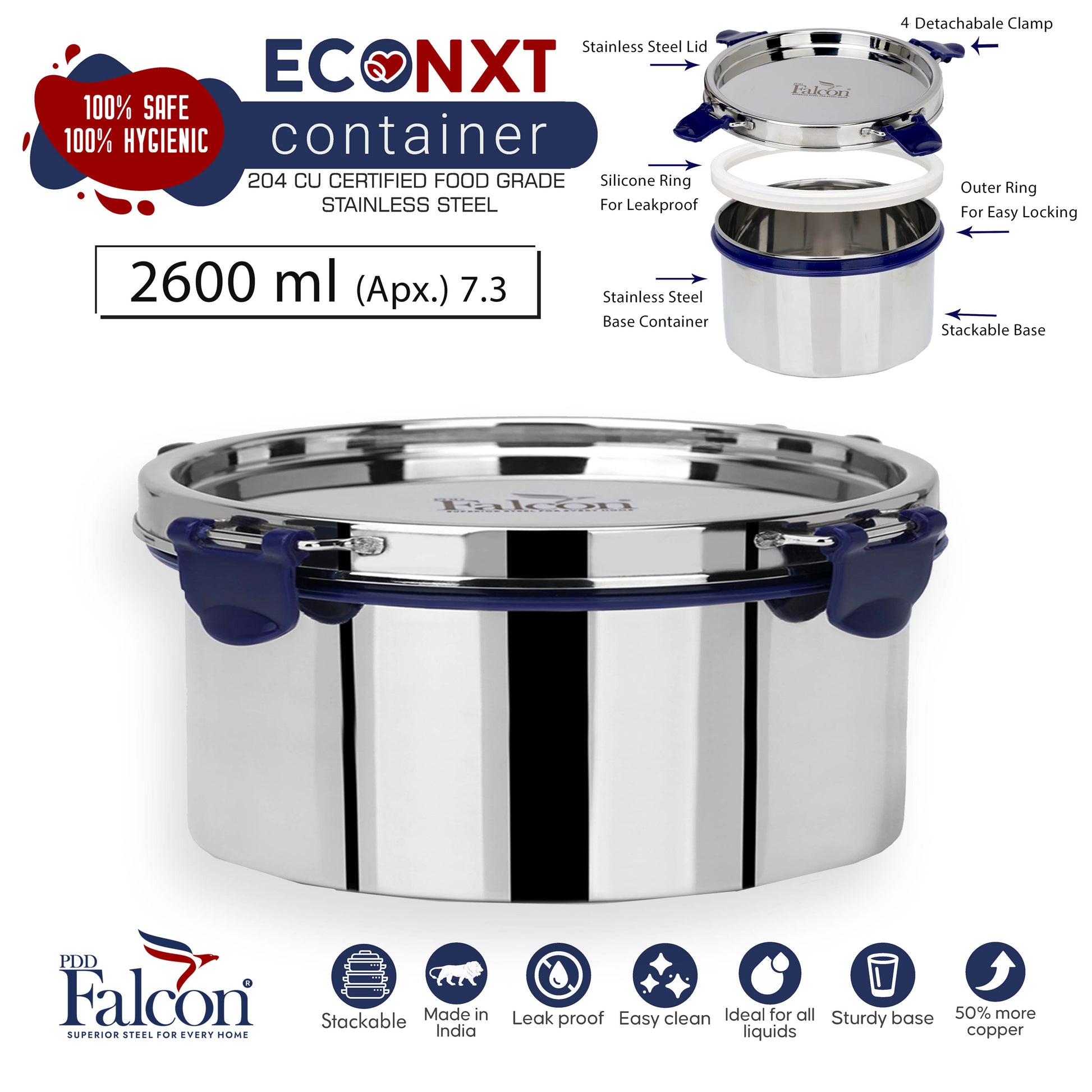2600ml PddFalcon Stainless Steel Eco Nxt Lunch Box Container - 100% leakproof, stackable, crack and rust free, easy lock with silicon ring