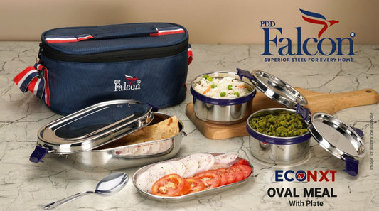 PddFalcon Stainless Steel Lunch Box EcoNxt Oval Meal Set Of 3 Blue 1100ml