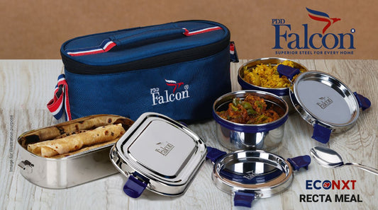 PddFalcon Stainless Steel Lunch Box Recta Meal Set Of 3 Blue 1300ml