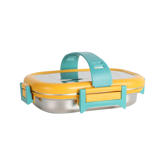 Recto Lunchbox in bright yellow, blue and orange colors - fully steel body and steel lids with a handle to carry easily