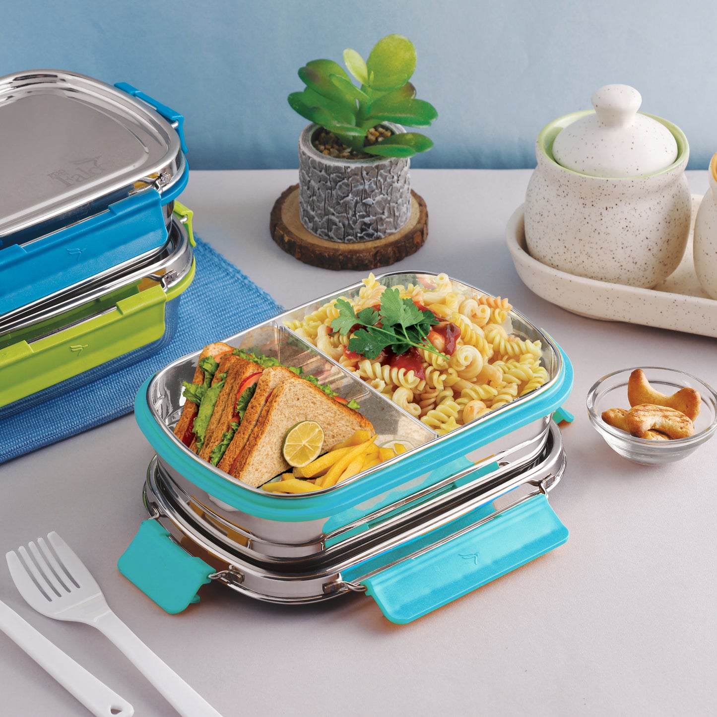 PddFalcon Stainless Steel Munch Duo Lunch Box with 2 Partition - 750ml Sky Blue