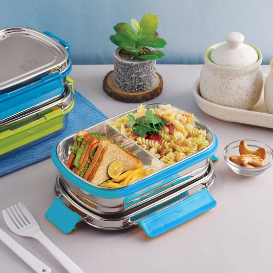 PddFalcon Stainless Steel Munch Duo Lunch Box with 2 Partition - 750ml Turkish Blue