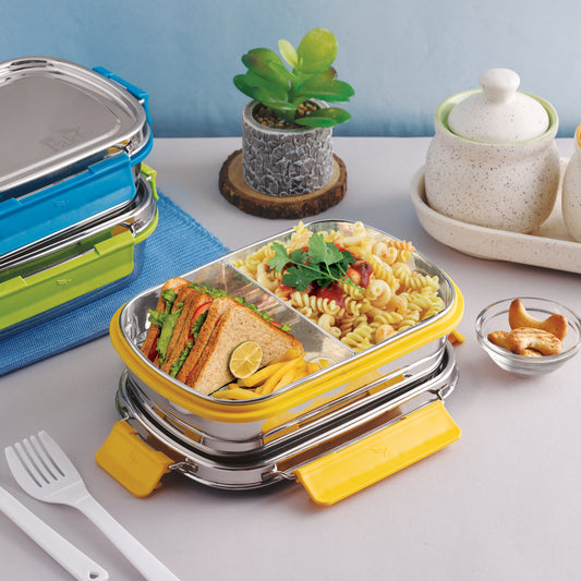 PddFalcon Stainless Steel Munch Duo Lunch Box with 2 Partition - 750ml Yellow