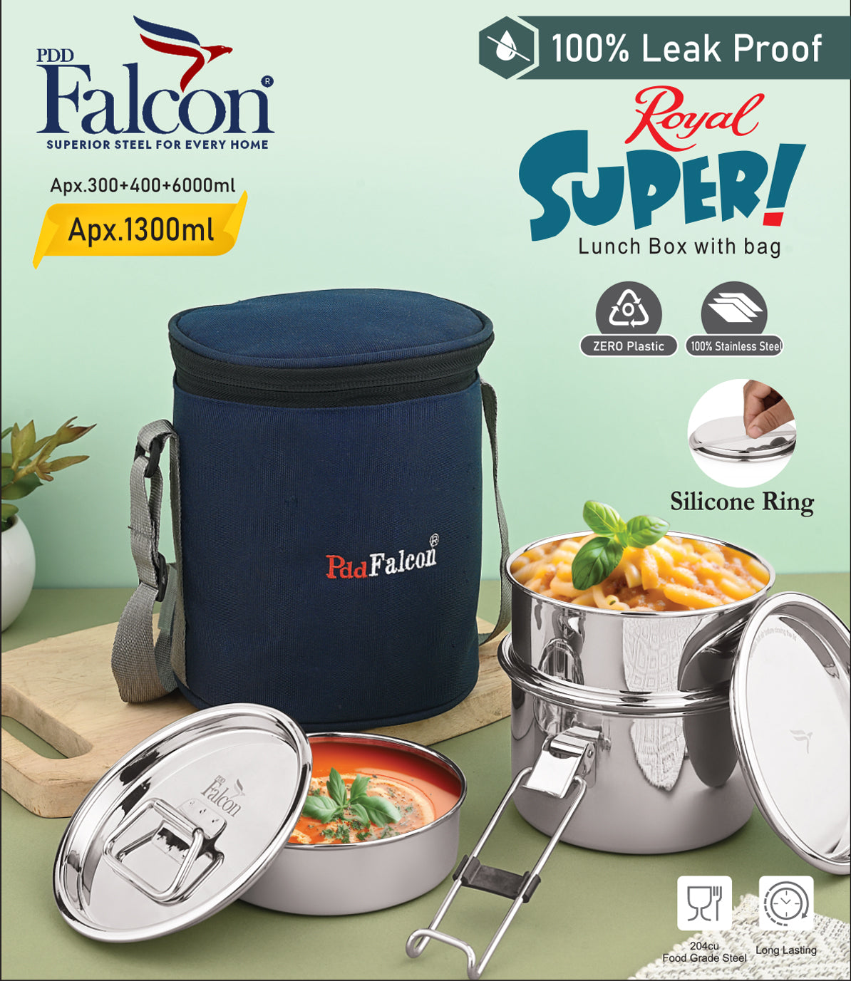 Premium steel lunchbox royal super range 1300ml, 100% leakproof, crack free, odor free, rust free, steel lids, stackable with insulated bag.