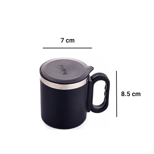 Black 180ml Star Mug displayed with dimensions Height: 9cm Width: 8cm with lid to keep your beverage hot and an ergonomic handle for easy grip - perfect for your morning tea or coffee. 