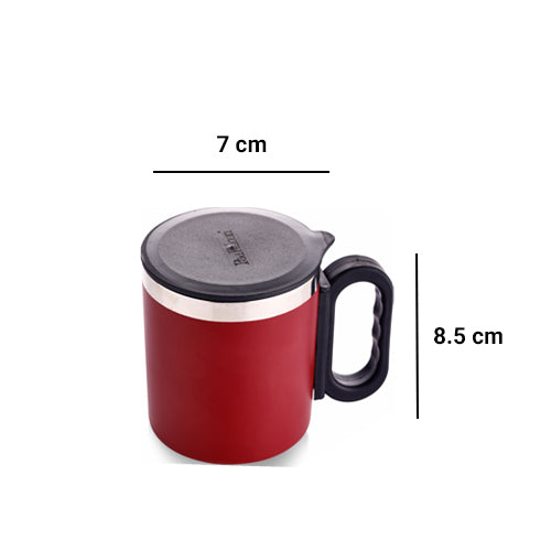 180ml Red Star Mug displayed with dimensions Height: 9cm Width: 8cm with lid to keep your beverage hot and an ergonomic handle for easy grip - perfect for your morning tea or coffee. 