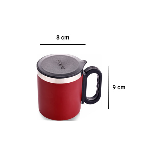 Red 280ml Star Mug displayed with dimensions Height: 9cm Width: 8cm with lid to keep your beverage hot and an ergonomic handle for easy grip - perfect for your morning tea or coffee. 