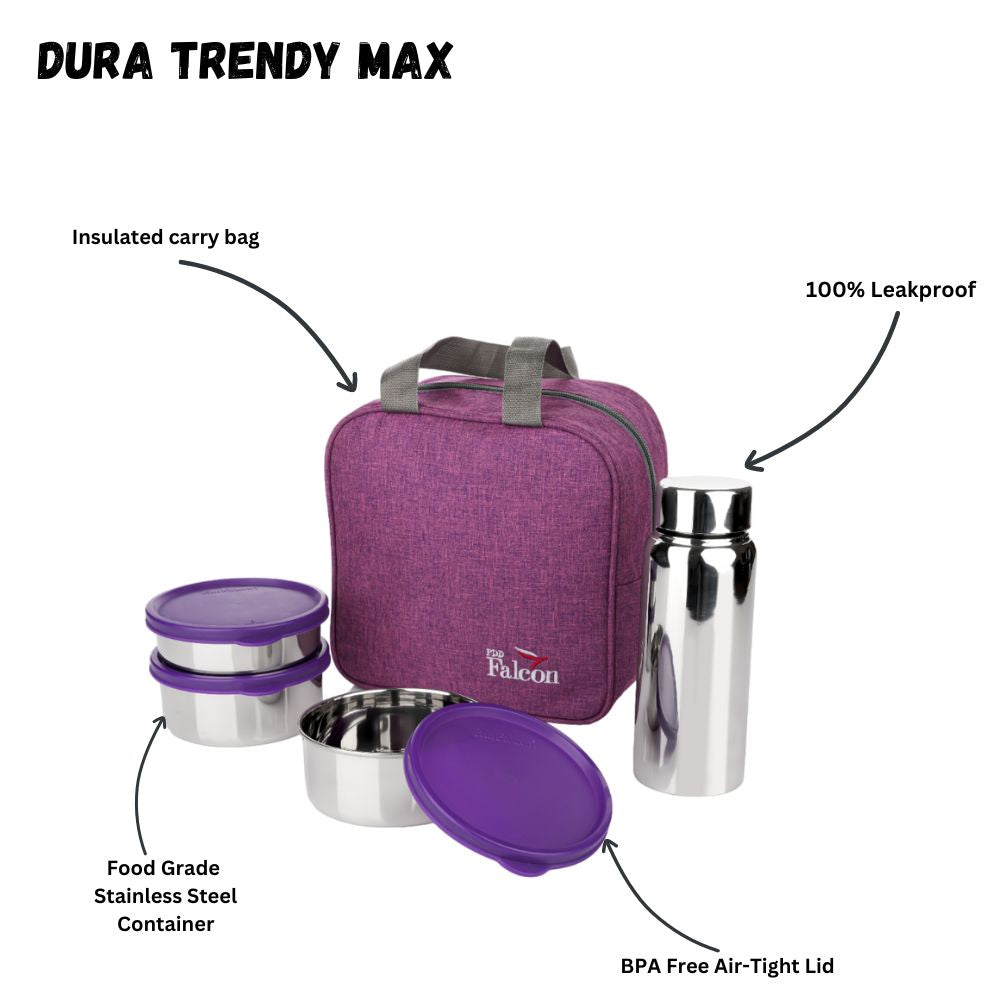 PddFalcon Stainless Steel Dura Max Trendy Lunch Box Set of 4 Purple FP02091 - 1800ml