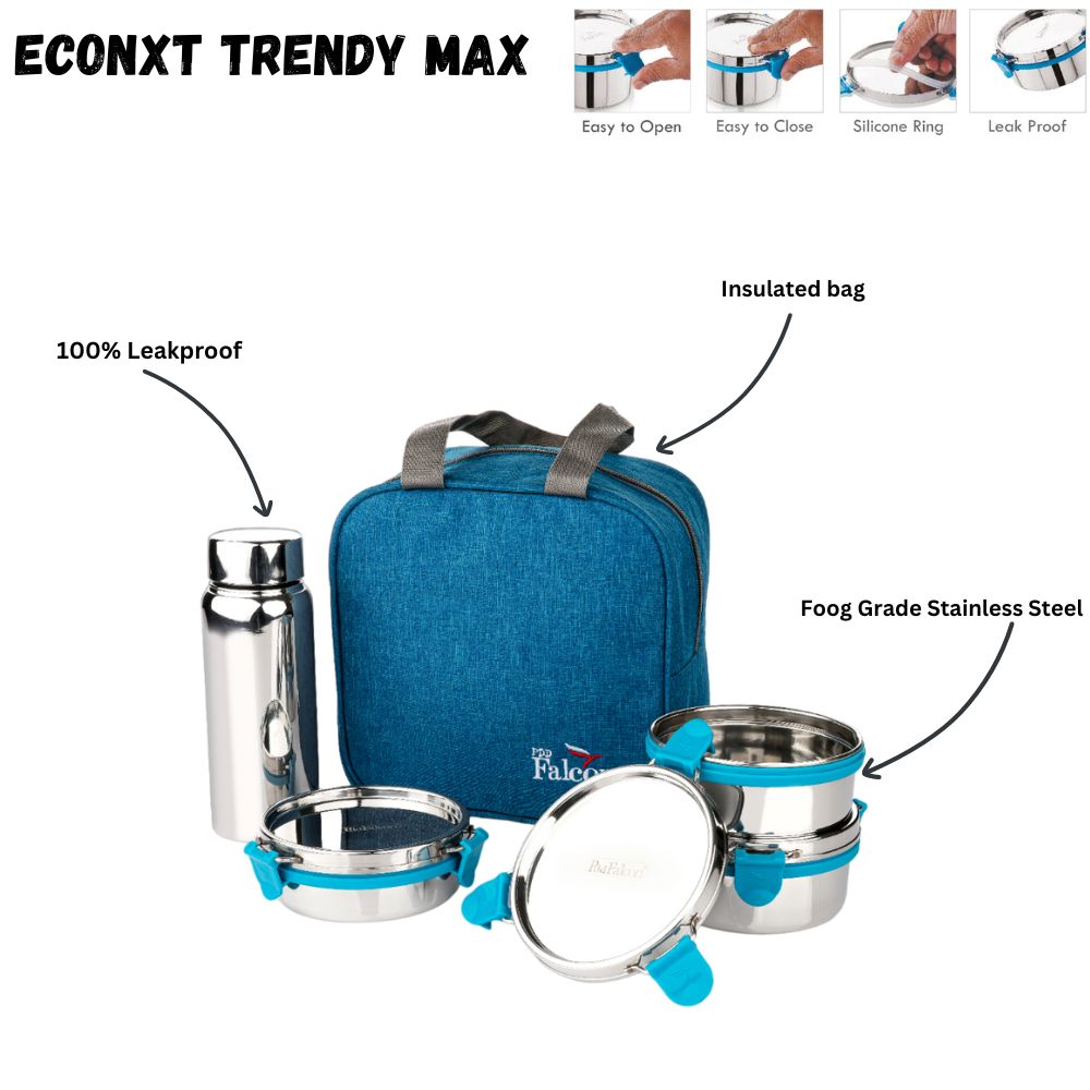 PddFalcon Stainless Steel EcoNxt Max Trendy Lunch Box Set of 4 Sea Green FP11060 - 1800ml