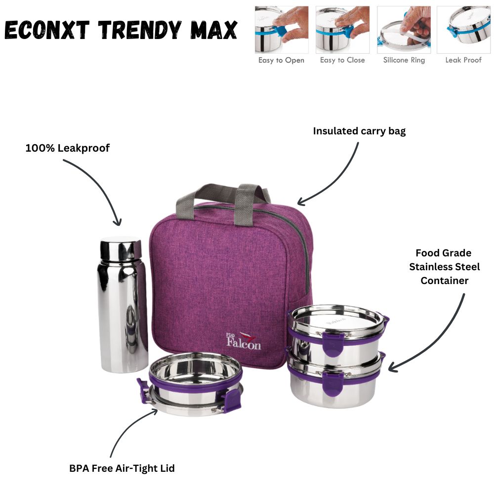 PddFalcon Stainless Steel EcoNxt Max Trendy Lunch Box Set of 4 Purple FP11061 - 1800ml