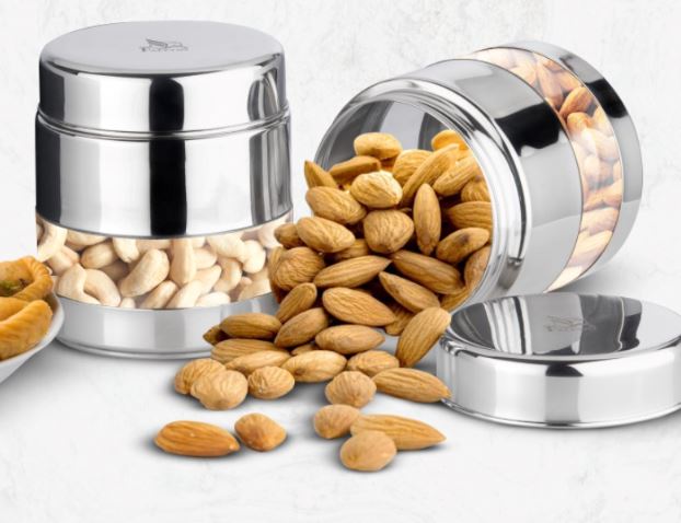 Stainless steel twister canister see-through jars for kitchen storage to store masala, dry fruits or spices.