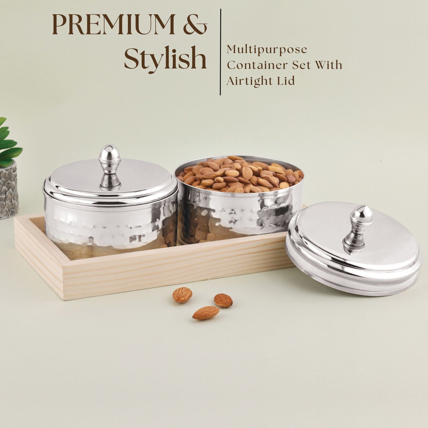 Dry Fruit Airtight Container 350ml- 2p With Wooden Tray