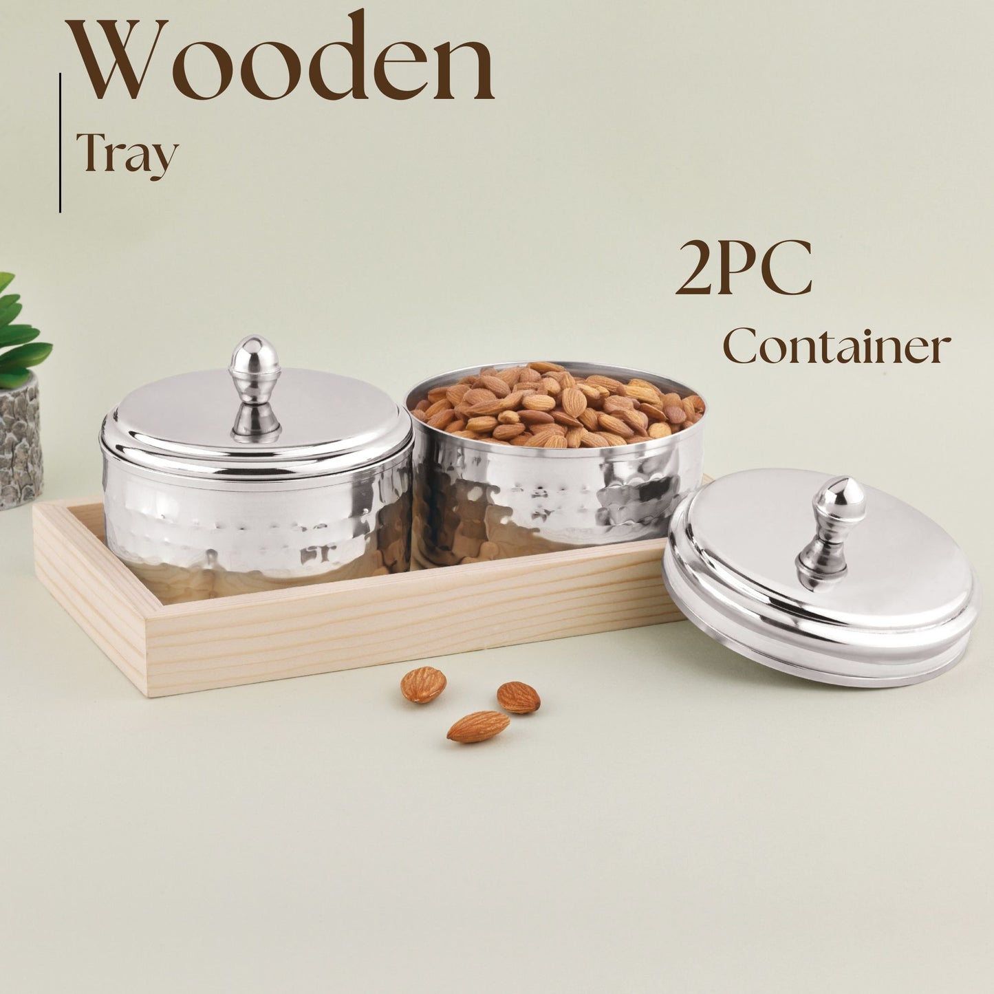 Dry Fruit Airtight Container 350ml- 2p With Wooden Tray