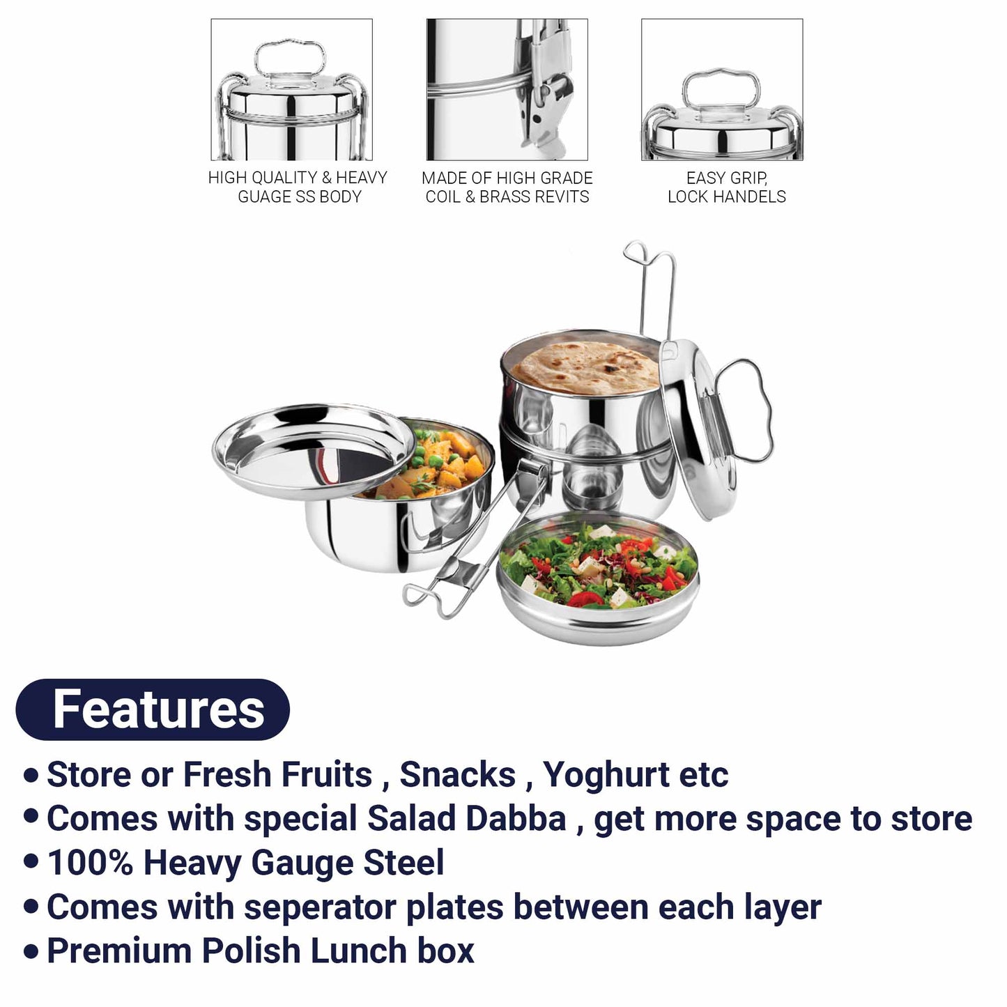 Pdd Falcon Steel Lunch Box 7x3 Silver FP03021 - 1250ml