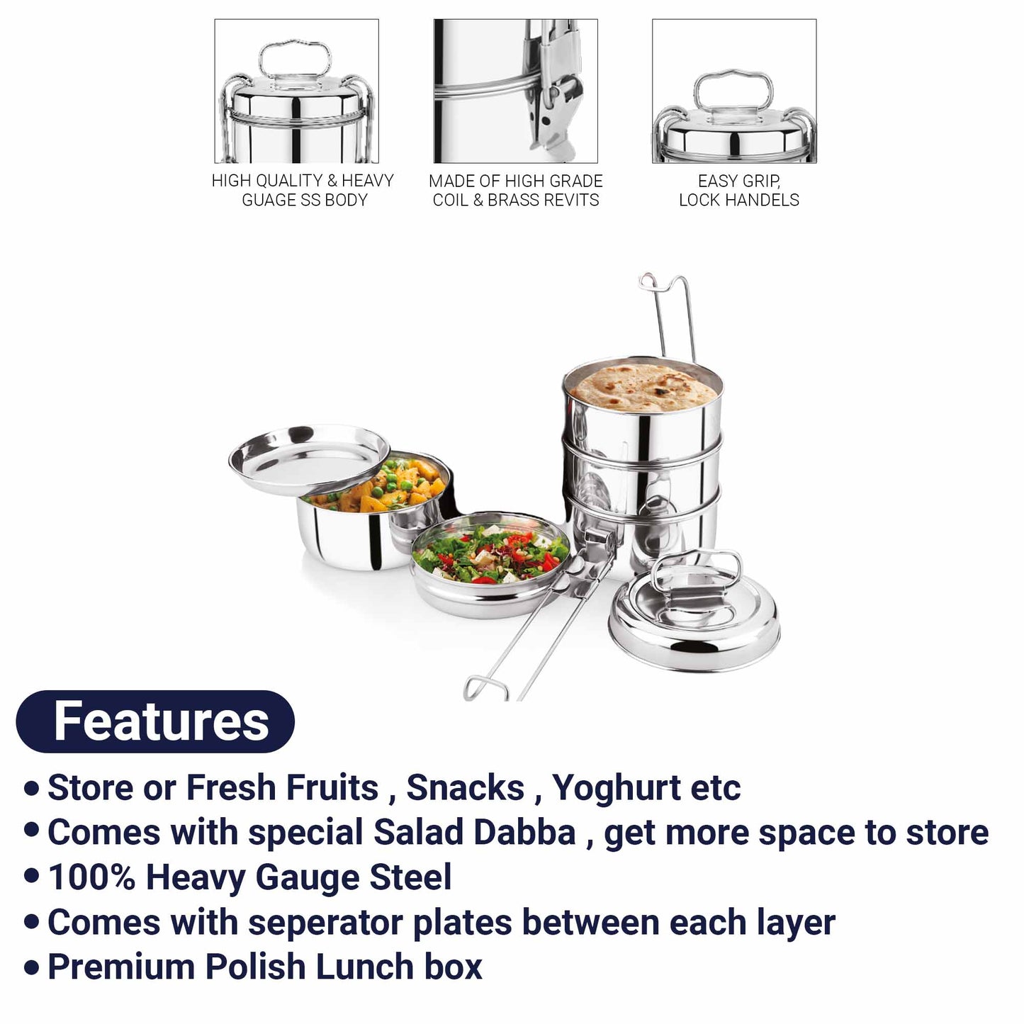 Pdd Falcon Steel Lunch Box 8x4 Silver FP03024 - 2450ml