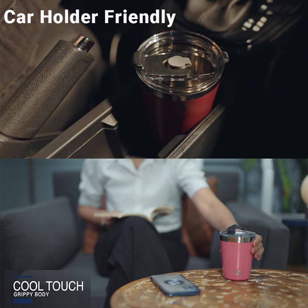 PddFalcon Stainless Steel Drinkware Poppy Cup 300ml pink in a car holder 