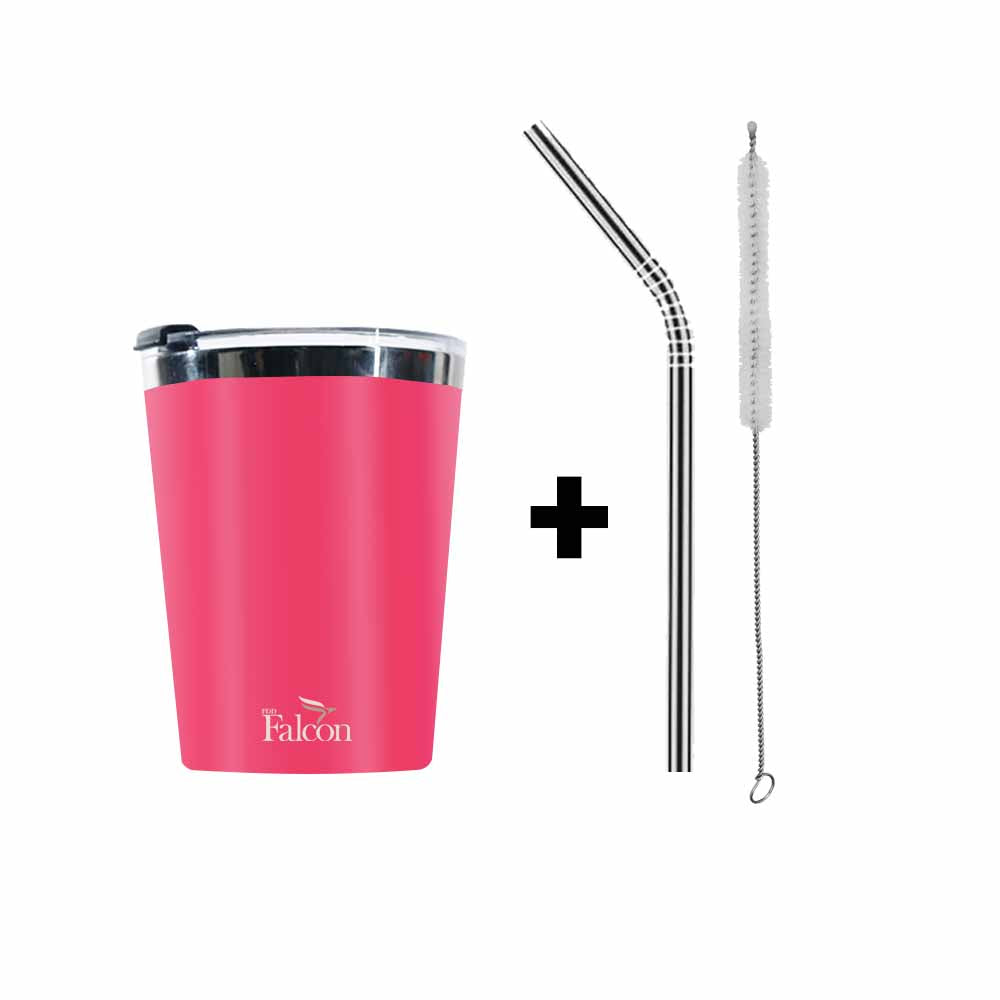 PddFalcon Stainless Steel Drinkware Poppy Cup With Accessoies 300ml Pink