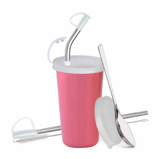 PddFalcon Stainless Steel Drinkware Strawglass With Accessories 370ml Pink