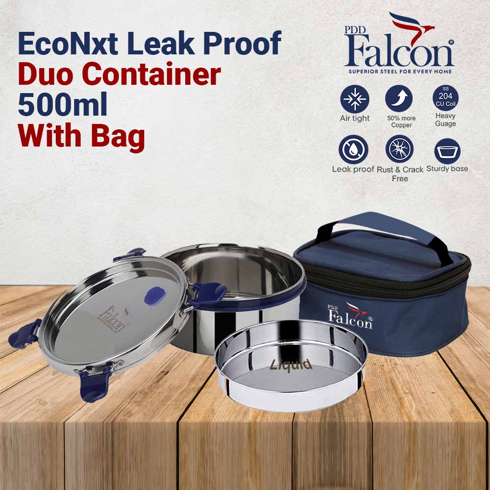 PddFalcon Stainless Steel Lunch Box EcoNxt Duo Container Withbag 500ml Blue