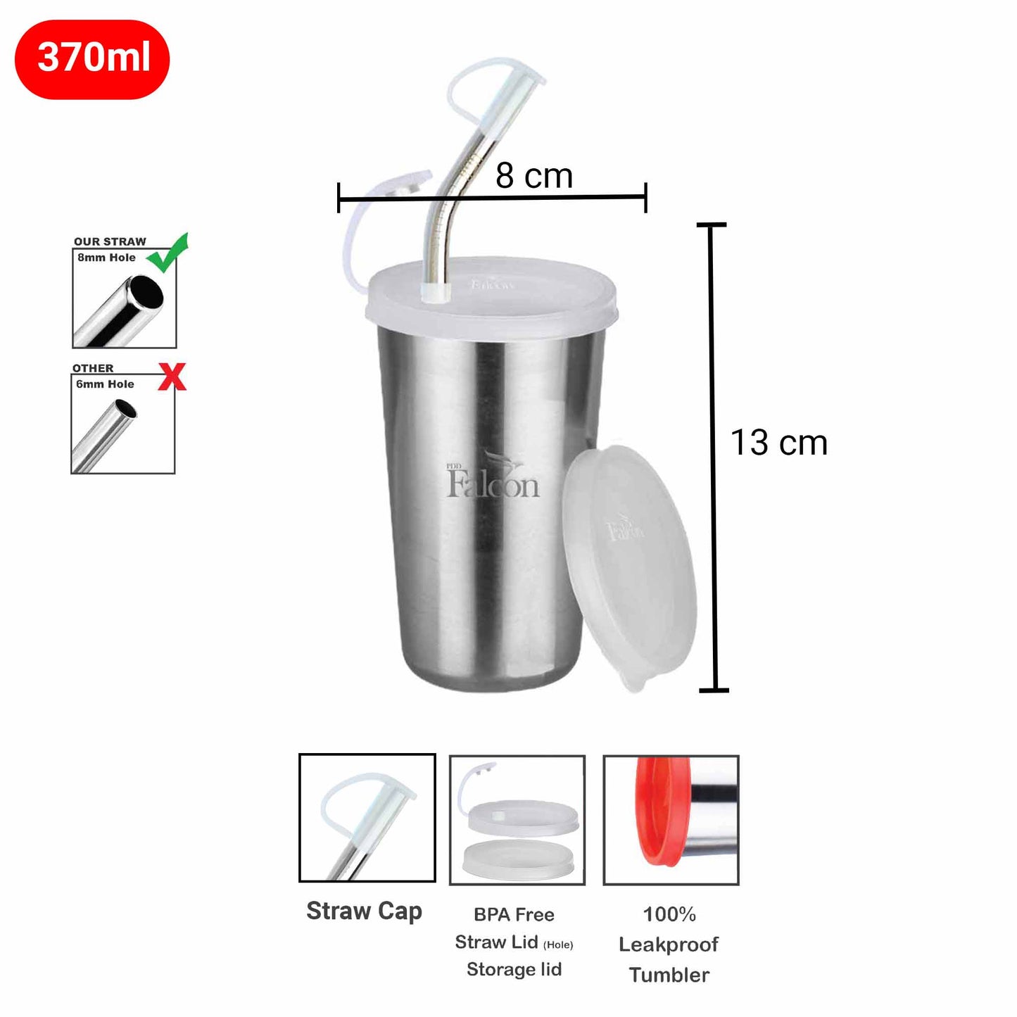 PddFalcon Stainless Steel Sipper Strawglass 370ml Sliver