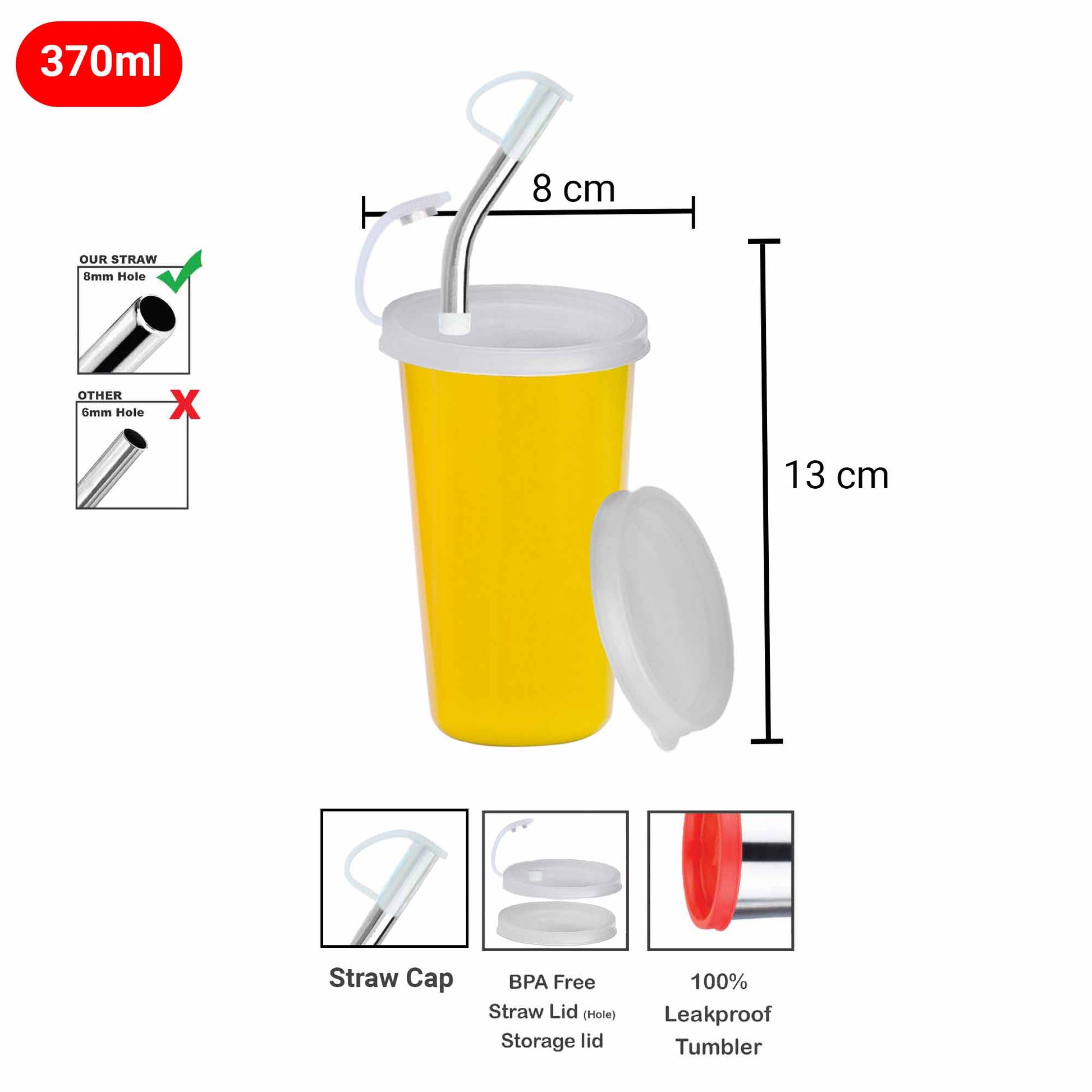 PddFalcon Stainless Steel Sipper Strawglass 370ml Yellow