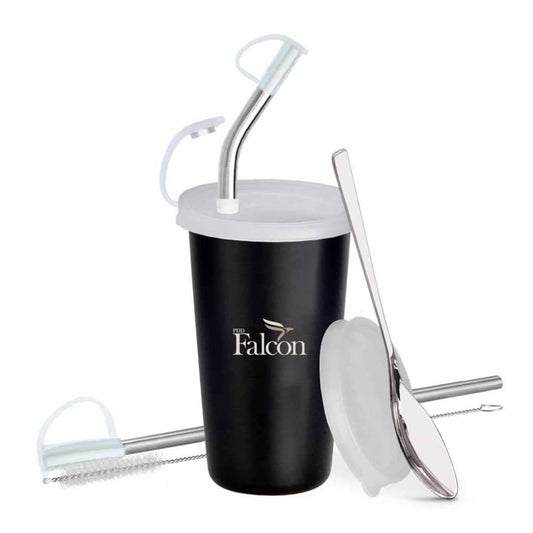 PddFalcon Stainless Steel Sipper Strawglass With Accessories 370ml Black