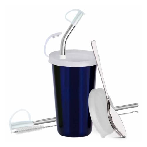 PddFalcon Stainless Steel Sipper Strawglass With Accessories 370ml Blue