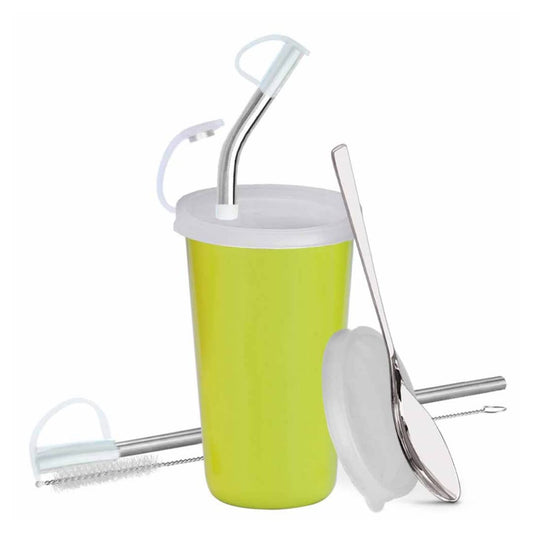 PddFalcon Stainless Steel  Sipper Strawglass With Accessories 370ml Green
