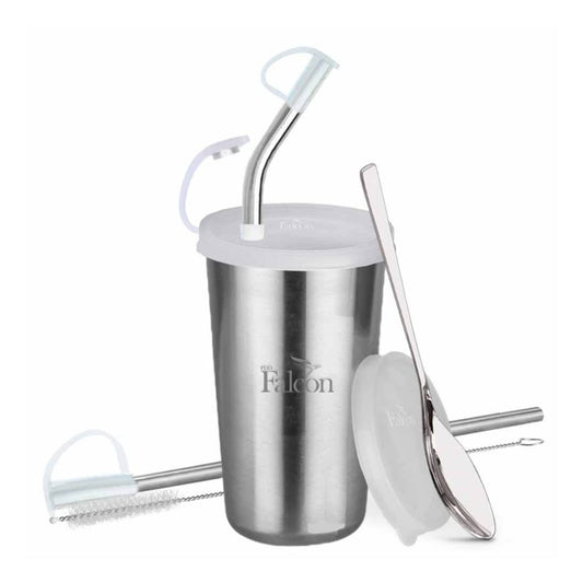 PddFalcon Stainless Steel Sipper Strawglass With Accessories 370ml Plain